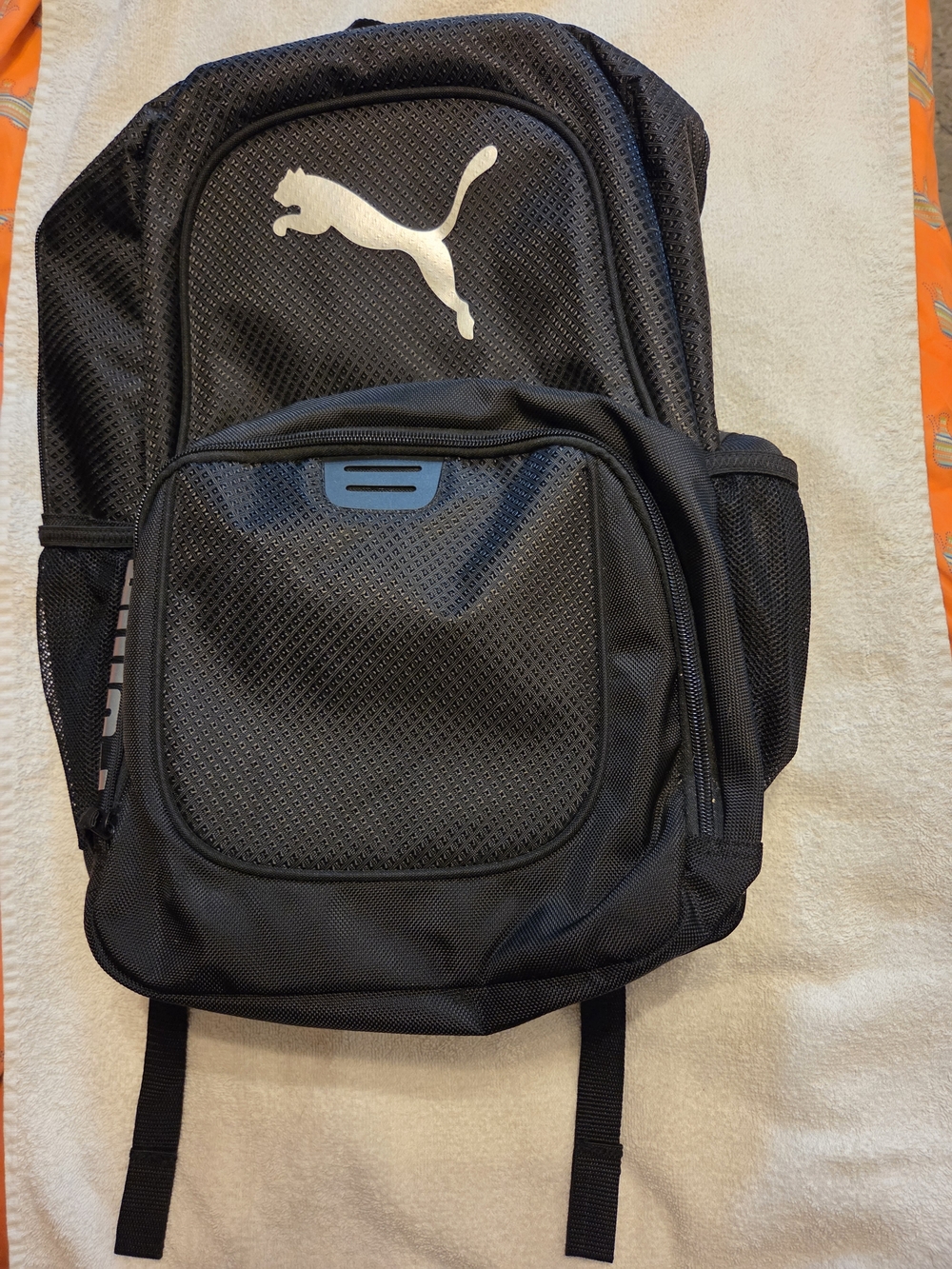Puma Black Backpack with White Logo and Blue Accent